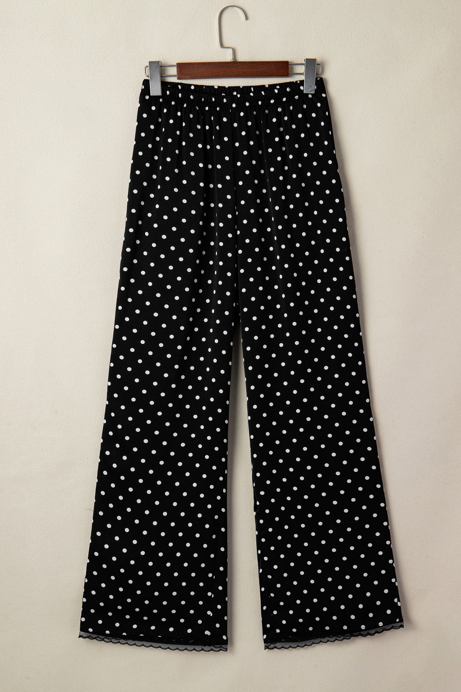Black Polka Dot Print Elastic Waist Lace Hem Loose Pants-Bottoms/Pants & Culotte-[Adult]-[Female]-2022 Online Blue Zone Planet