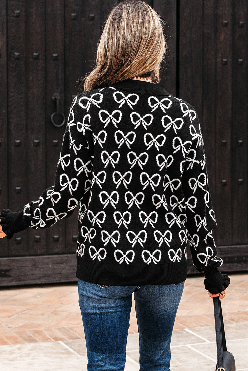 Black Cute Bow Pattern Drop Shoulder Zipped Collar Sweater-Sweaters & Cardigans/Sweaters-[Adult]-[Female]-2022 Online Blue Zone Planet