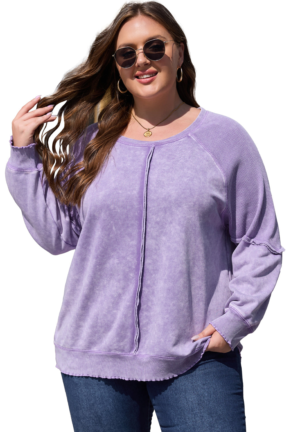 Blue Zone Planet | Orchid Petal Textured Patchwork Frilled Trim Plus Size Pullover Sweatshirt-Plus Size/Plus Size Sweatshirts & Hoodies-[Adult]-[Female]-2022 Online Blue Zone Planet