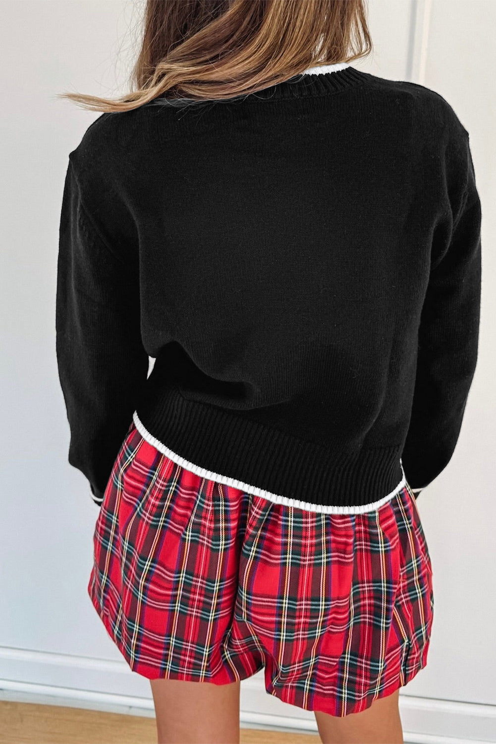 Black Contrast Trim Big Bow Accent Holiday Cropped Sweater-TOPS / DRESSES-[Adult]-[Female]-2022 Online Blue Zone Planet
