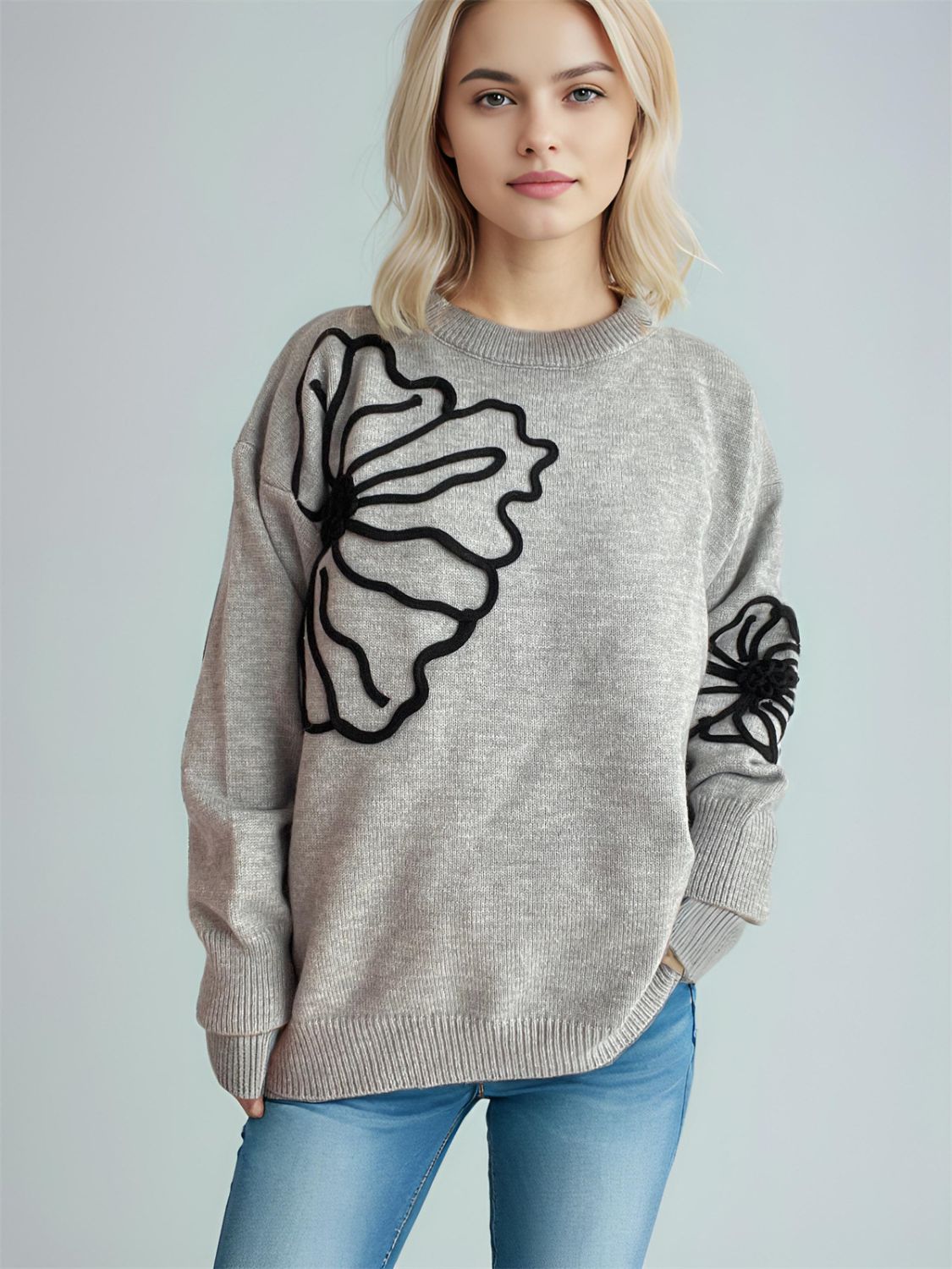 Flower Round Neck Long Sleeve Sweater-TOPS / DRESSES-[Adult]-[Female]-Gray-One Size-2022 Online Blue Zone Planet