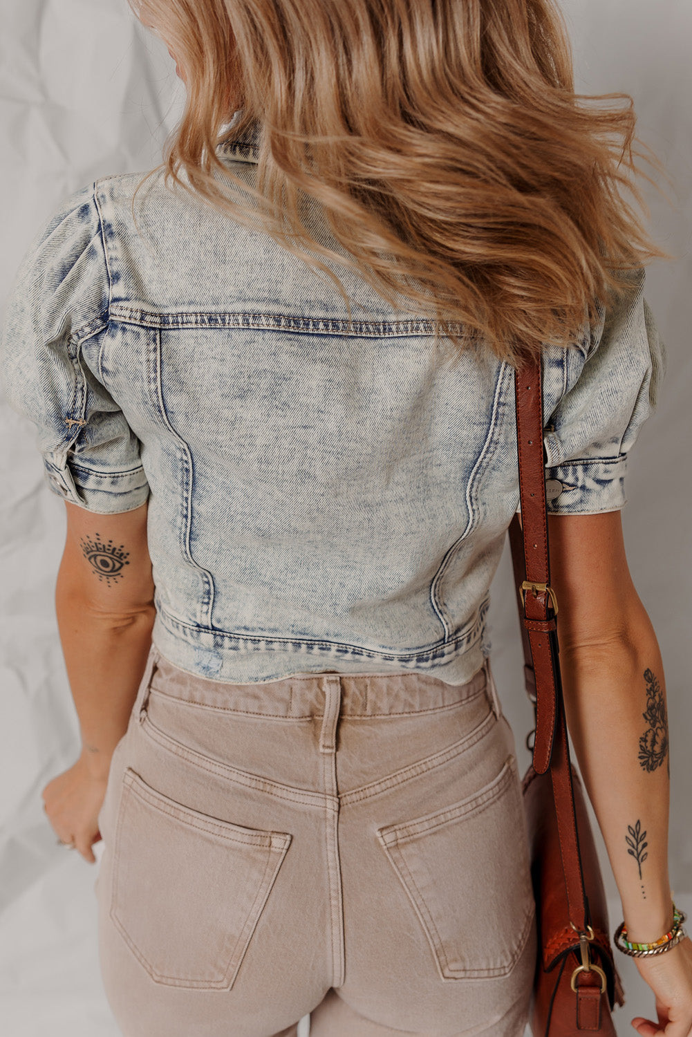 Beau Blue Light Wash Buttoned Chest Pocket Puff Sleeve Denim Jacket-Outerwear/Denim jackets-[Adult]-[Female]-2022 Online Blue Zone Planet