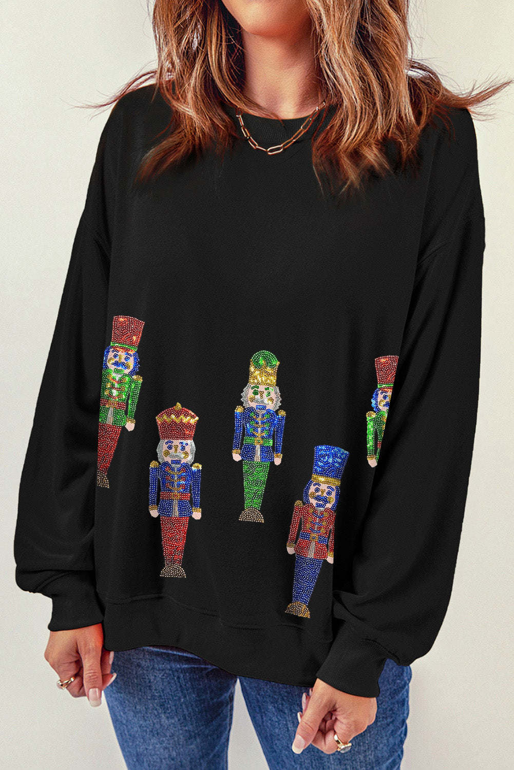 Black Sequined Nutcracker Doll Graphic Sweatshirt-Graphic/Graphic Sweatshirts-[Adult]-[Female]-2022 Online Blue Zone Planet