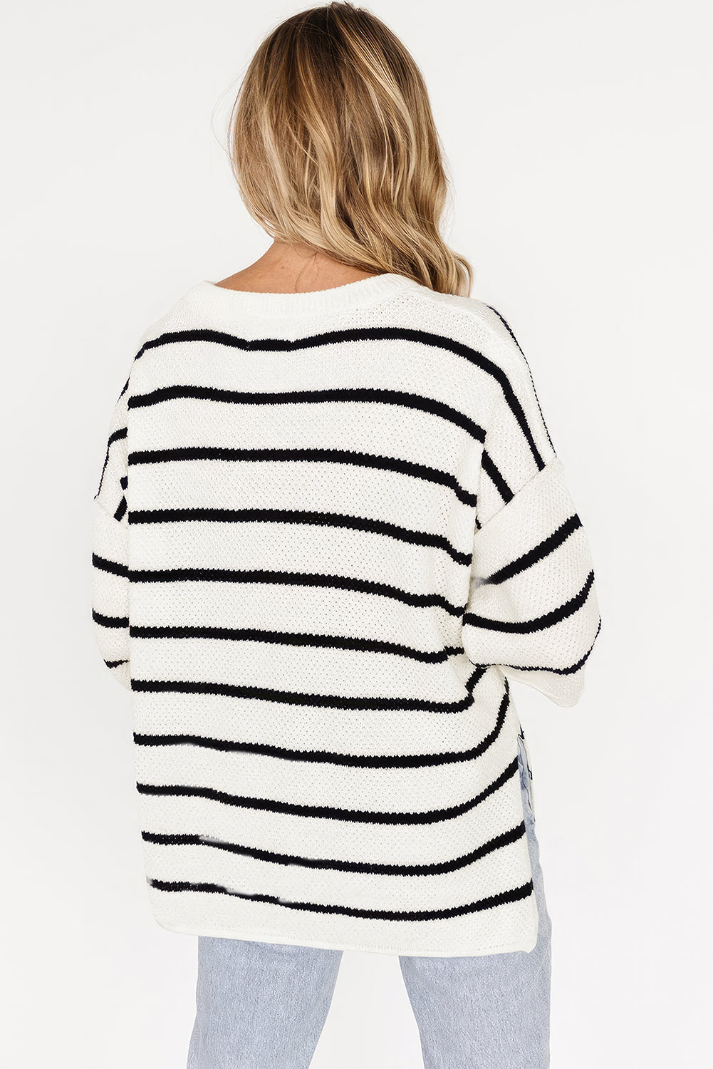 White Stripe Henley Buttoned Placket Drop Shoulder Bracelet Sleeve Knit Sweater Tee-TOPS / DRESSES-[Adult]-[Female]-2022 Online Blue Zone Planet