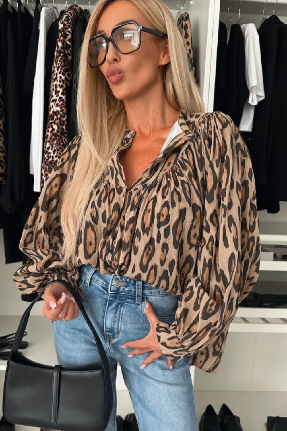 Blue Zone Planet | Leopard Notched Long Sleeve Blouse-TOPS / DRESSES-[Adult]-[Female]-2022 Online Blue Zone Planet