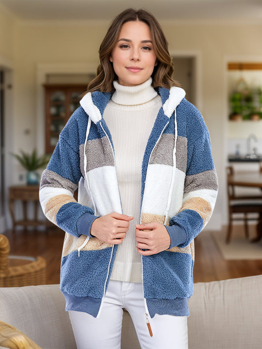 Blue Zone Planet | Full Size Drawstring Color Block Zip Up Hooded Outerwear-TOPS / DRESSES-[Adult]-[Female]-Dusty Blue-S-2022 Online Blue Zone Planet