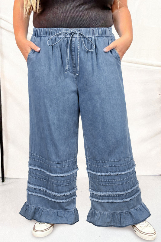 Dusk Blue Tiered Raw Edge Ruffled Plus Size Wide Leg Denim Pants-Plus Size/Plus Size Bottoms-[Adult]-[Female]-Dusk Blue-1X-2022 Online Blue Zone Planet