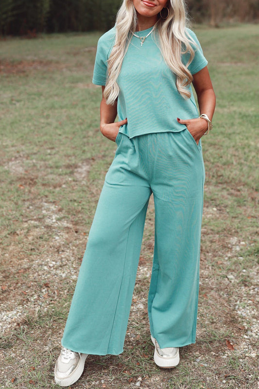 Mint Green Raglan Short Sleeve Tee and Wide Leg Pants Set-Two Piece Sets/Pant Sets-[Adult]-[Female]-Mint Green-S-2022 Online Blue Zone Planet