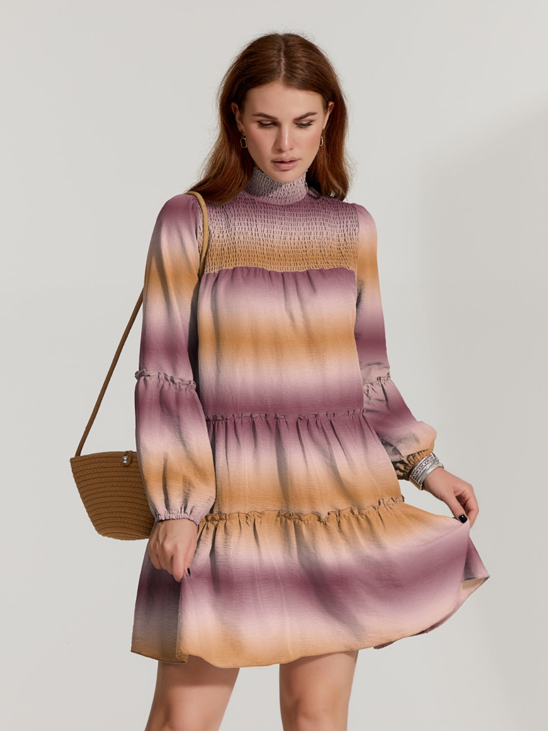 Frill Smocked Turtleneck Balloon Sleeve Mini Dress-TOPS / DRESSES-[Adult]-[Female]-Lilac-S-2022 Online Blue Zone Planet