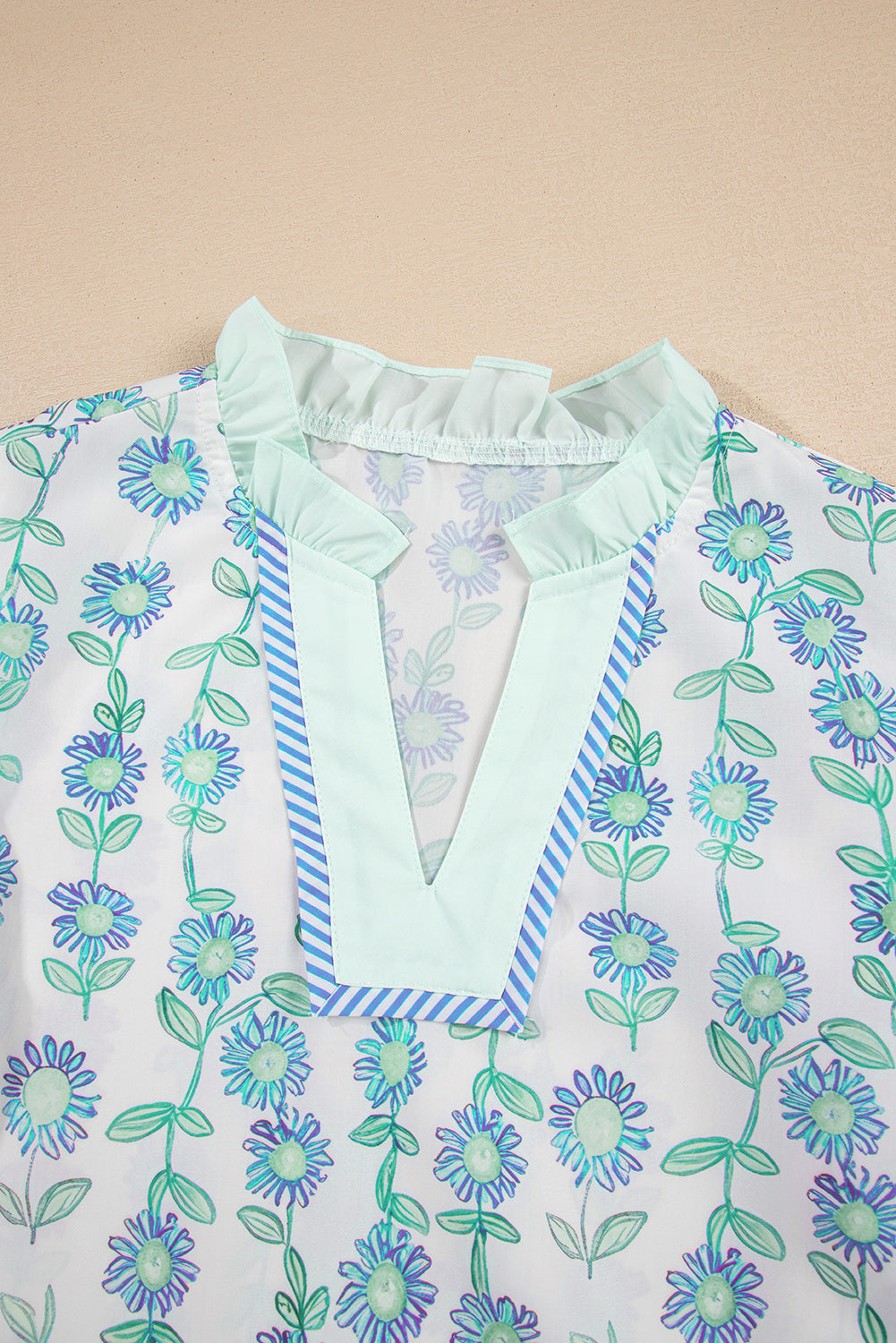 Green Floral Print Striped Detail Contrast V Neck Patchwork Flutter Sleeve Blouse-Tops/Blouses & Shirts-[Adult]-[Female]-2022 Online Blue Zone Planet