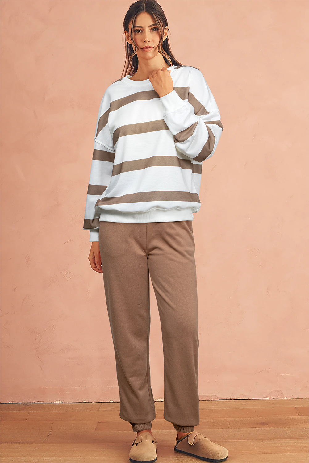 Blue Zone Planet | Light French Beige Striped Drop Shoulder Pullover and Joggers Set-Two Piece Pants Sets-[Adult]-[Female]-2022 Online Blue Zone Planet