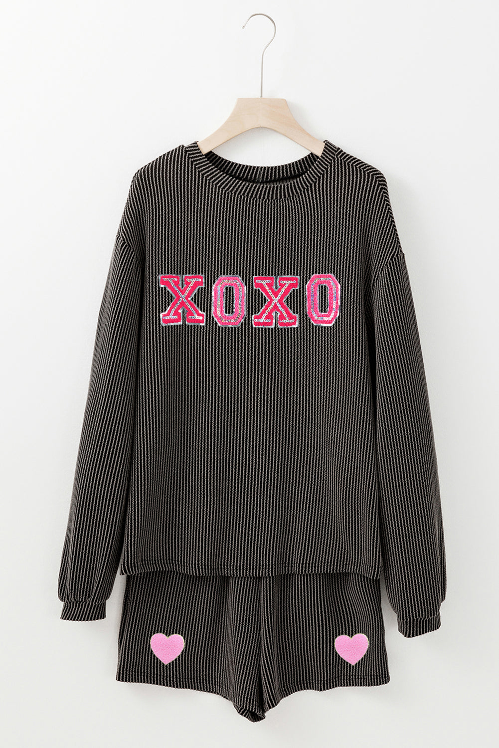 Carbon Grey Xoxo Heart Patched Pattern Long Sleeve Corded Shorts Set-Graphic/Graphic Sets-[Adult]-[Female]-2022 Online Blue Zone Planet