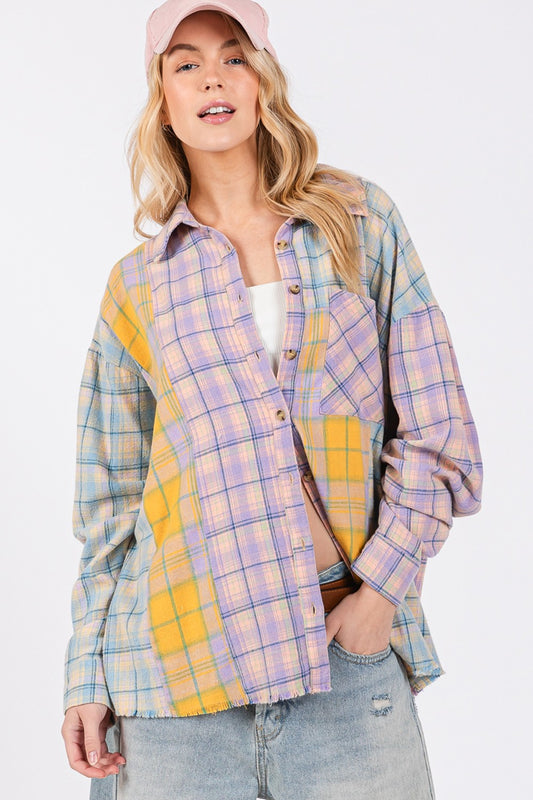 SAGE + FIG Button Up Raw Hem Plaid Flannel Shirt-TOPS / DRESSES-[Adult]-[Female]-Lavender-S-2022 Online Blue Zone Planet