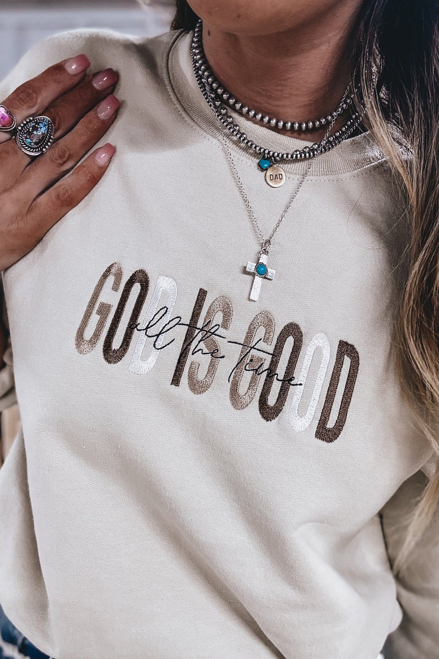 Jet Stream GOD IS GOOD Western Embroidered Letter Crewneck Pullover Sweatshirt-Tops/Sweatshirts & Hoodies-[Adult]-[Female]-2022 Online Blue Zone Planet