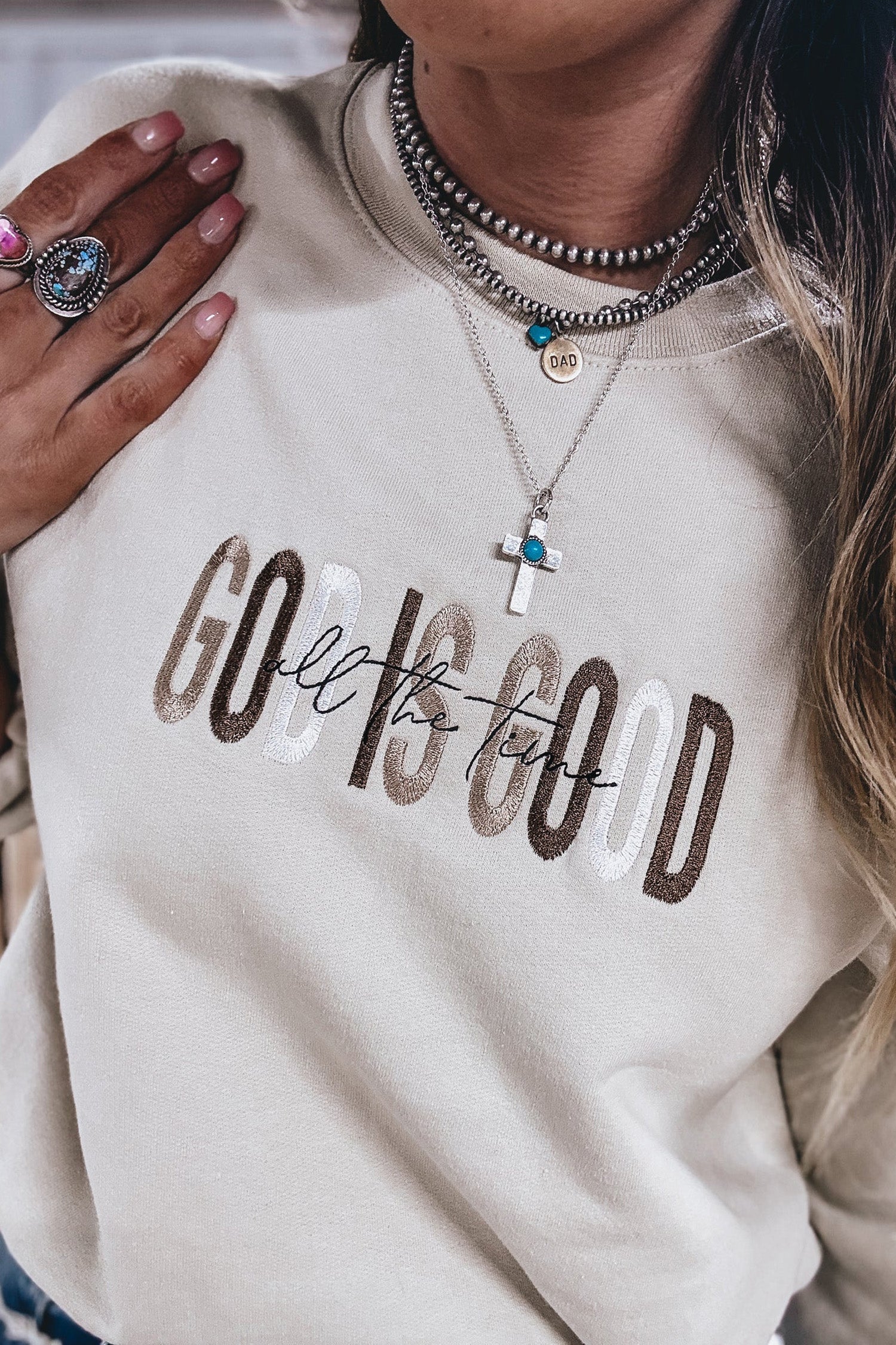 Jet Stream GOD IS GOOD Western Embroidered Letter Crewneck Pullover Sweatshirt-Tops/Sweatshirts & Hoodies-[Adult]-[Female]-2022 Online Blue Zone Planet