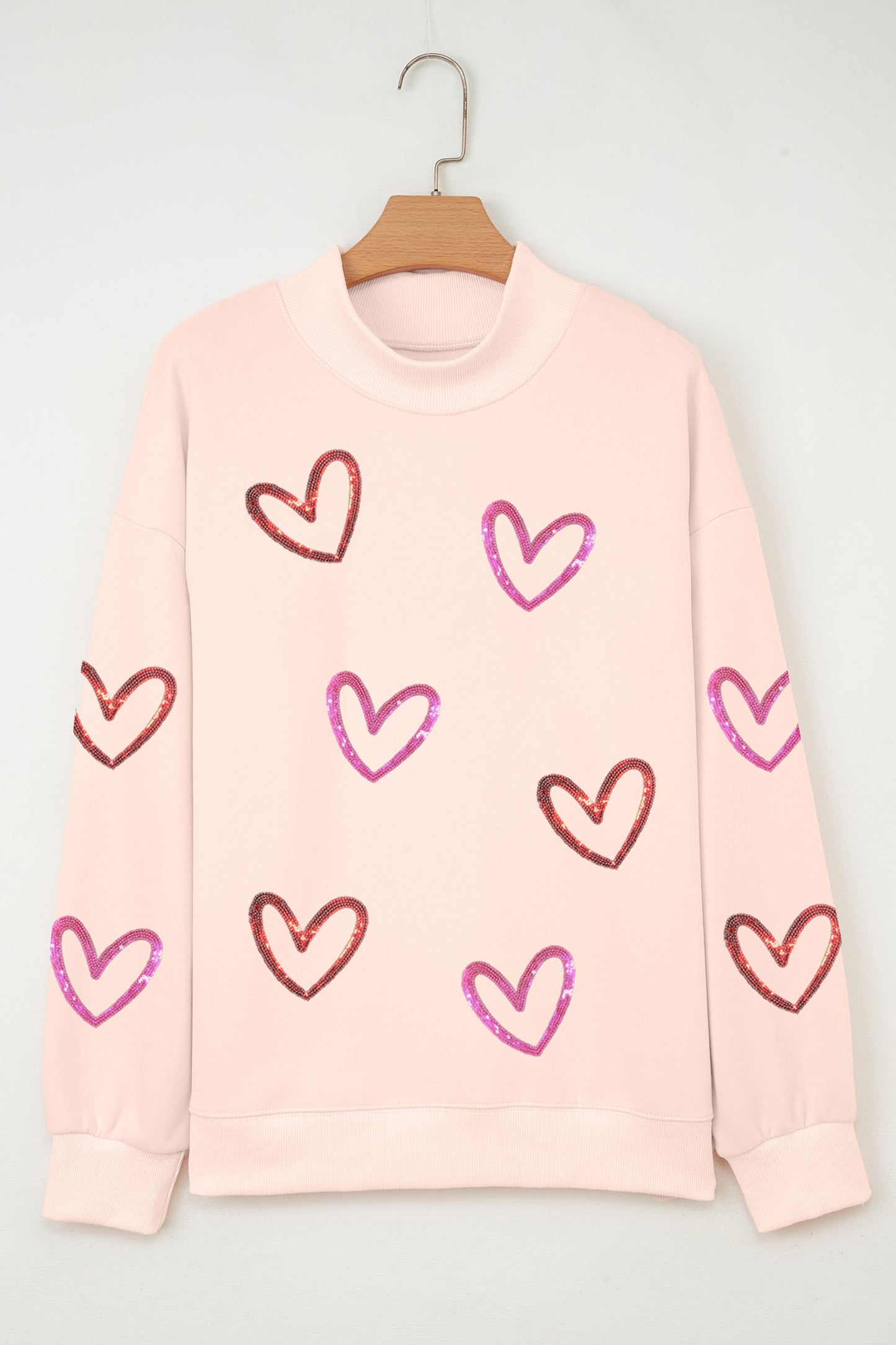 Apricot Pink Sequin Heart Sketch Patched Mock Neck Sweatshirt-Graphic Sweatshirts-[Adult]-[Female]-2022 Online Blue Zone Planet