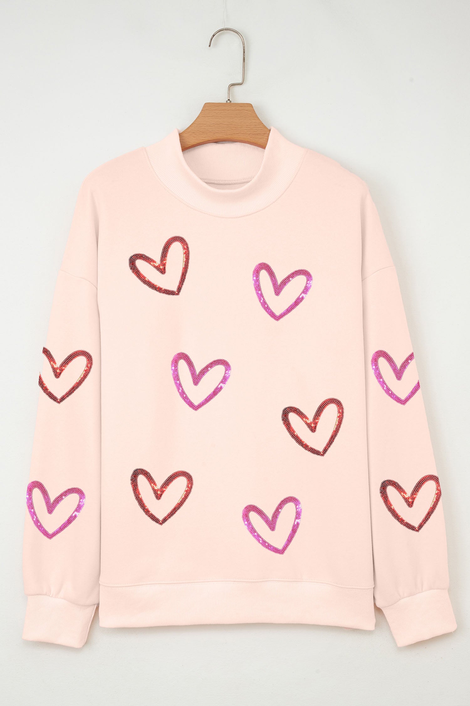 Apricot Pink Sequin Heart Sketch Patched Mock Neck Sweatshirt-Graphic Sweatshirts-[Adult]-[Female]-2022 Online Blue Zone Planet