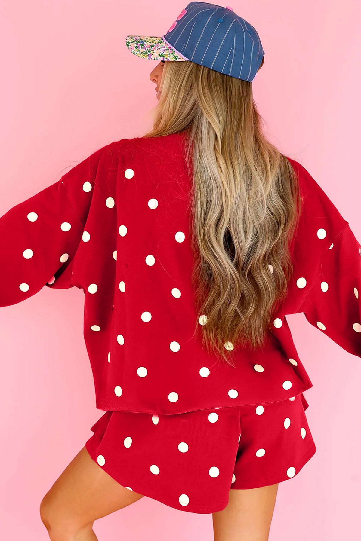 Red Polka Dot Raw Hem Relaxed Pullover Loose Skort Two Piece Set-Two Piece Sets/Two Piece Dresses-[Adult]-[Female]-2022 Online Blue Zone Planet