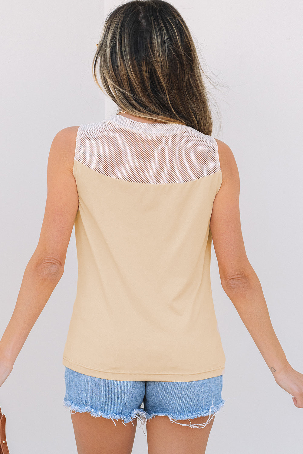 Oatmeal Solid Mesh Patchwork Crew Neck Tank Top-Tops/Tank Tops-[Adult]-[Female]-2022 Online Blue Zone Planet