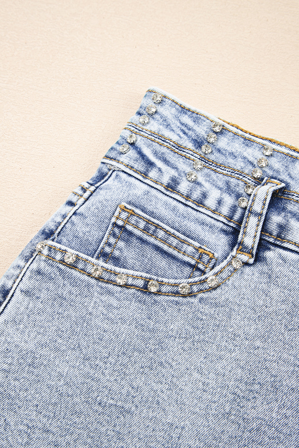 Beau Blue Rhinestone Light Wash Raw Hem High Waist Denim Shorts-Bottoms/Denim Shorts-[Adult]-[Female]-2022 Online Blue Zone Planet