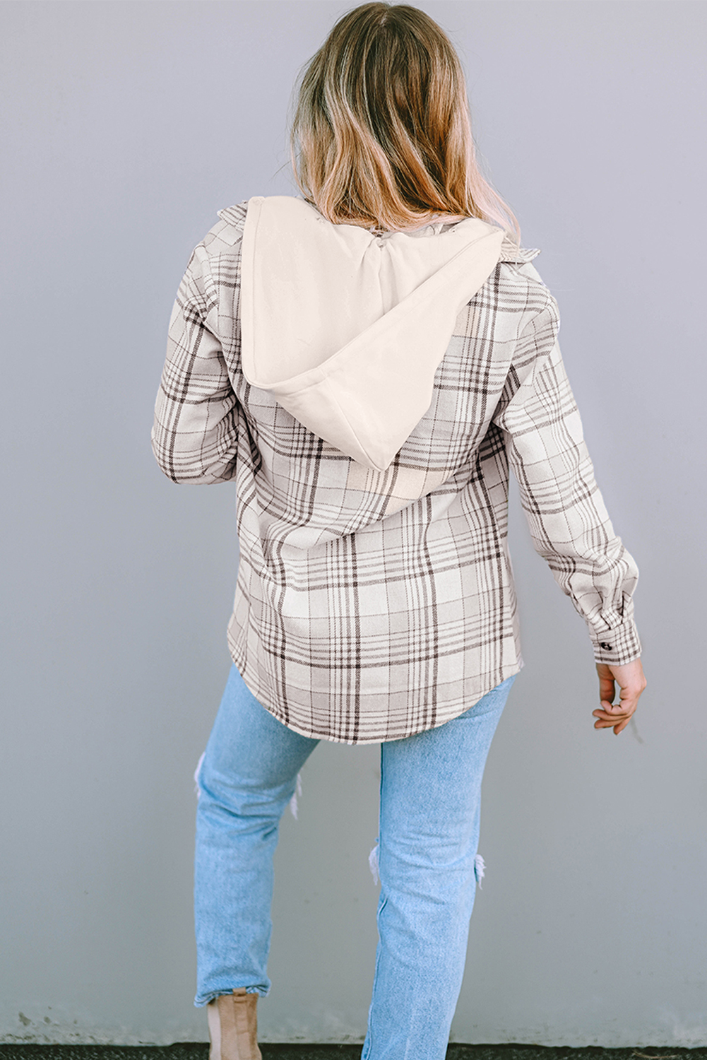 Khaki Plaid Removable Hood Buttoned Shacket-Outerwear/Plaid Shackets-[Adult]-[Female]-2022 Online Blue Zone Planet