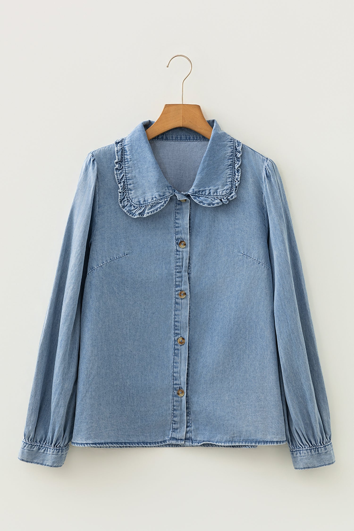Beau Blue Ruffled Peter Pan Collar Western Denim Shirt-Tops/Blouses & Shirts-[Adult]-[Female]-2022 Online Blue Zone Planet