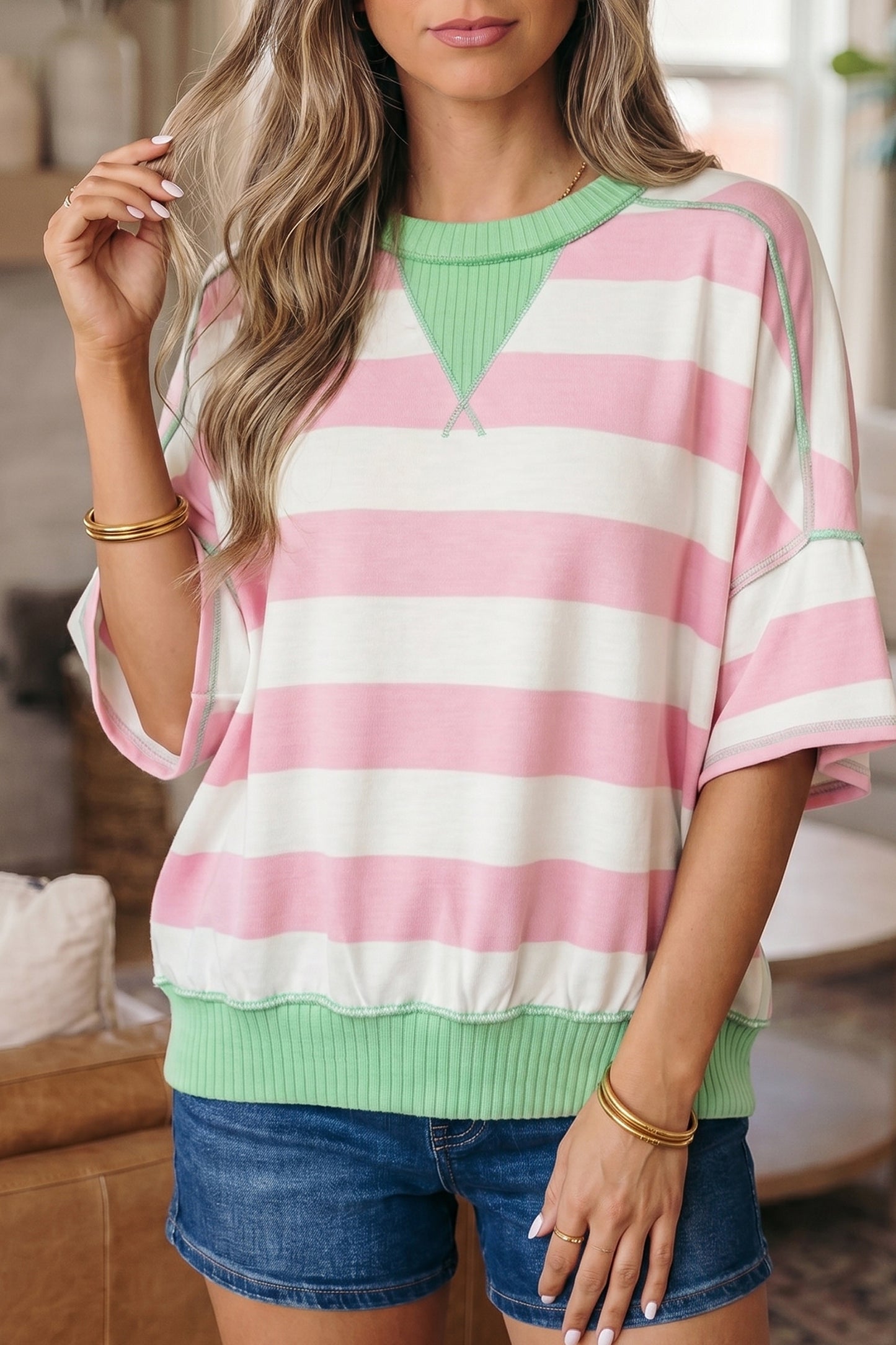 Pink Stripe Exposed Seam Ribbed Patchwork Oversized Tee-Tops/Tops & Tees-[Adult]-[Female]-2022 Online Blue Zone Planet