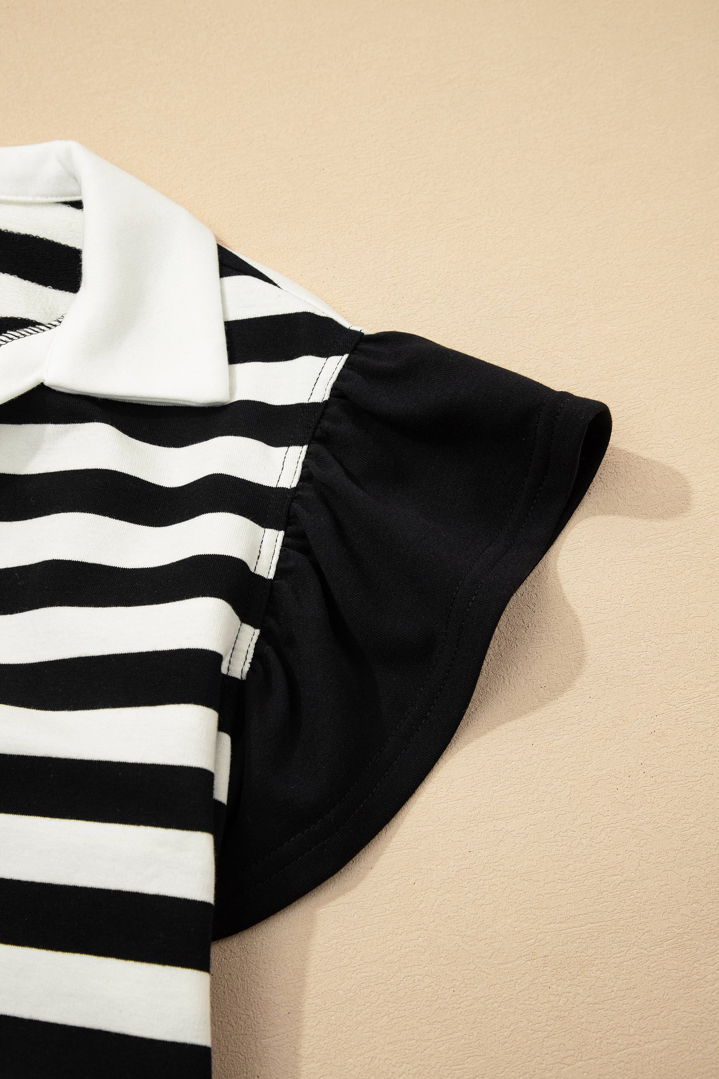 Black Stripe Collar V Neck Ruffled Short Sleeve Blouse-Tops/Blouses & Shirts-[Adult]-[Female]-2022 Online Blue Zone Planet