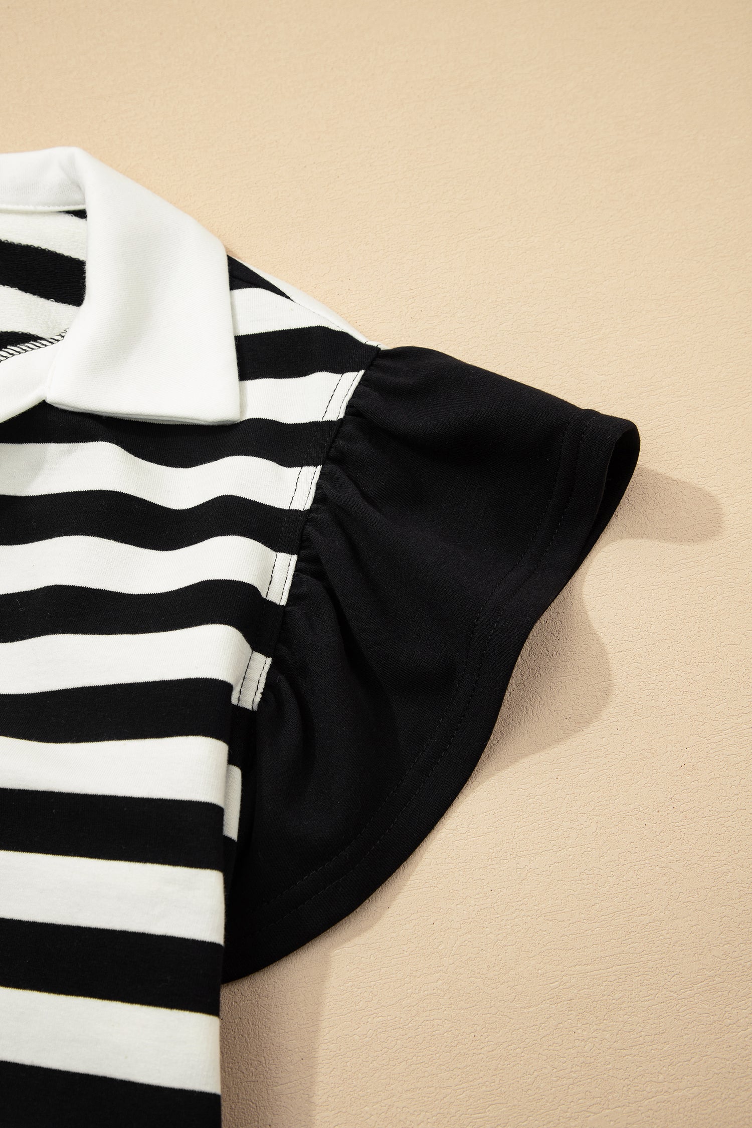 Black Stripe Collar V Neck Ruffled Short Sleeve Blouse-Tops/Blouses & Shirts-[Adult]-[Female]-2022 Online Blue Zone Planet