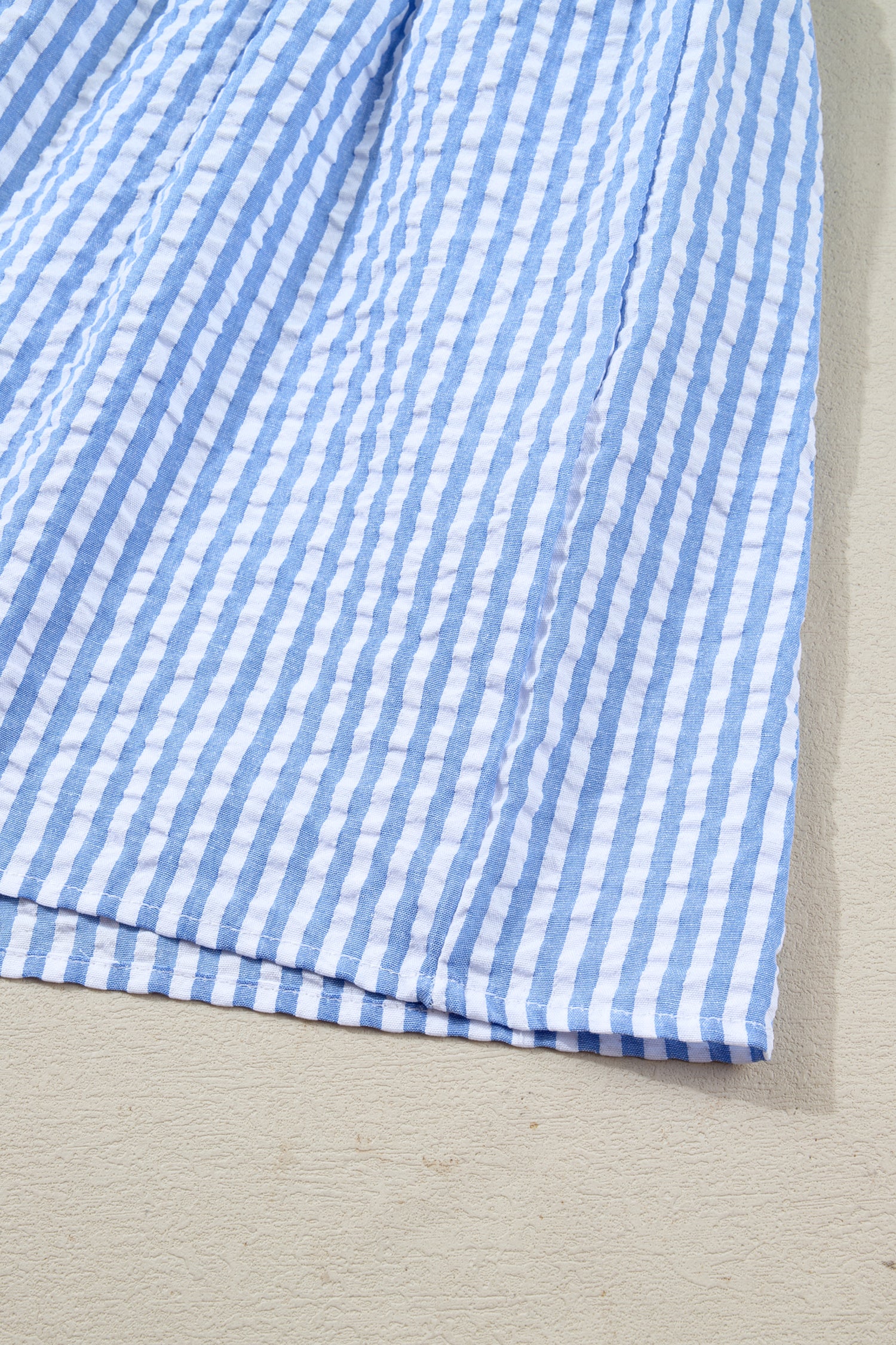 Sky Blue Stripe Seersucker Textured Notched Neck Long Puff Sleeve Tiered Curvy Dress-TOPS / DRESSES-[Adult]-[Female]-2022 Online Blue Zone Planet