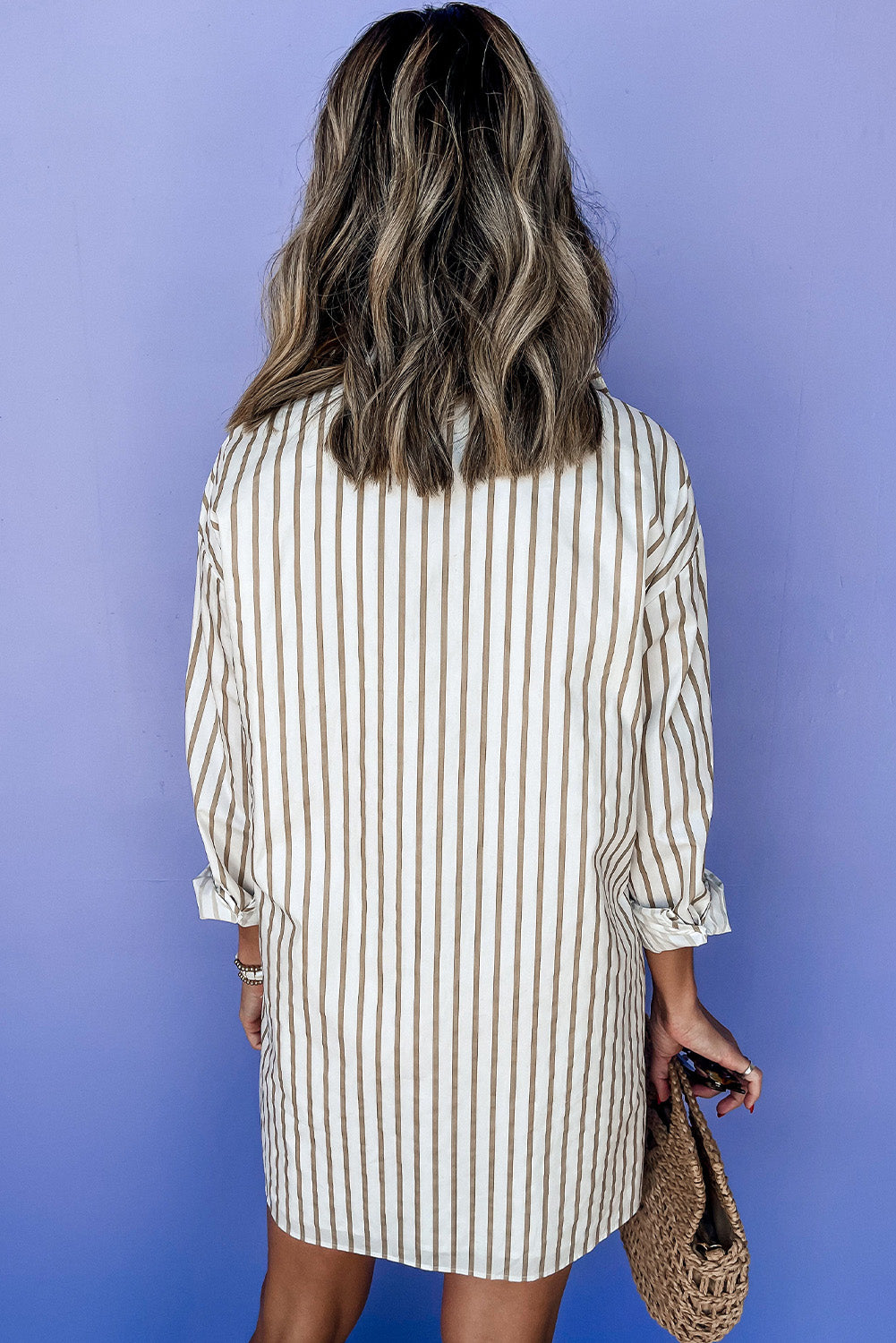 Khaki Stripe Long Sleeve Button Up Mini Shirt Dress-Dresses/Mini Dresses-[Adult]-[Female]-2022 Online Blue Zone Planet