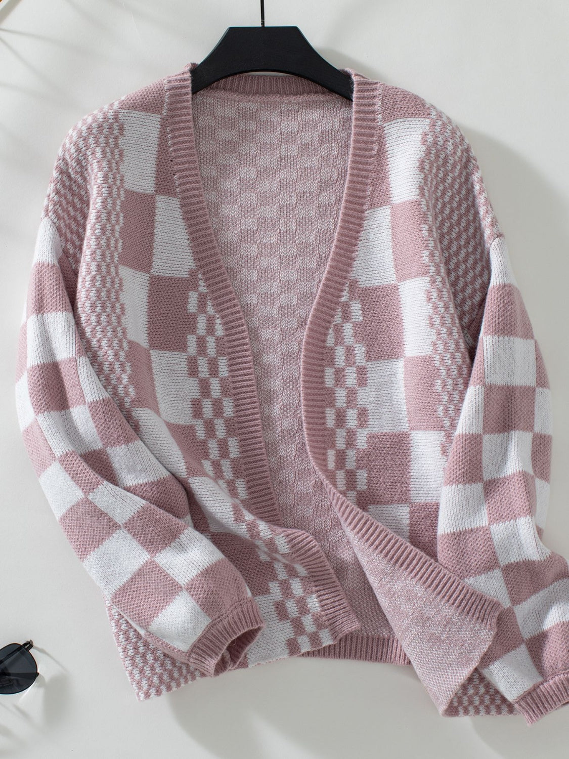 Double Take Checkered Open Front Dropped Shoulder Cardigan-TOPS / DRESSES-[Adult]-[Female]-Dusty Pink-S-2022 Online Blue Zone Planet