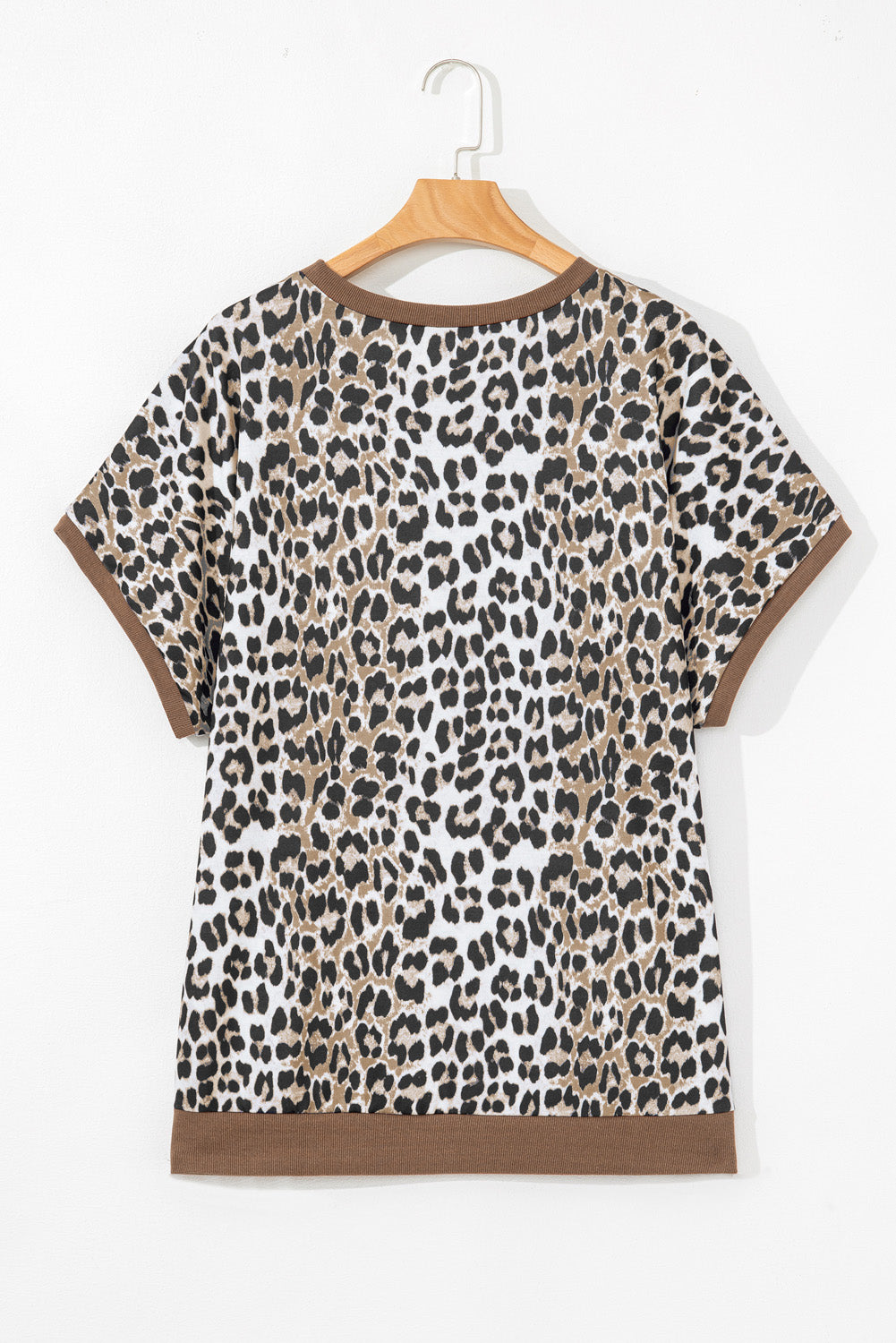 Khaki Leopard Contrast Trim Short Sleeve Loose Plus Size Top-Plus Size/Plus Size Tops/Plus Size Tops & Tees-[Adult]-[Female]-2022 Online Blue Zone Planet
