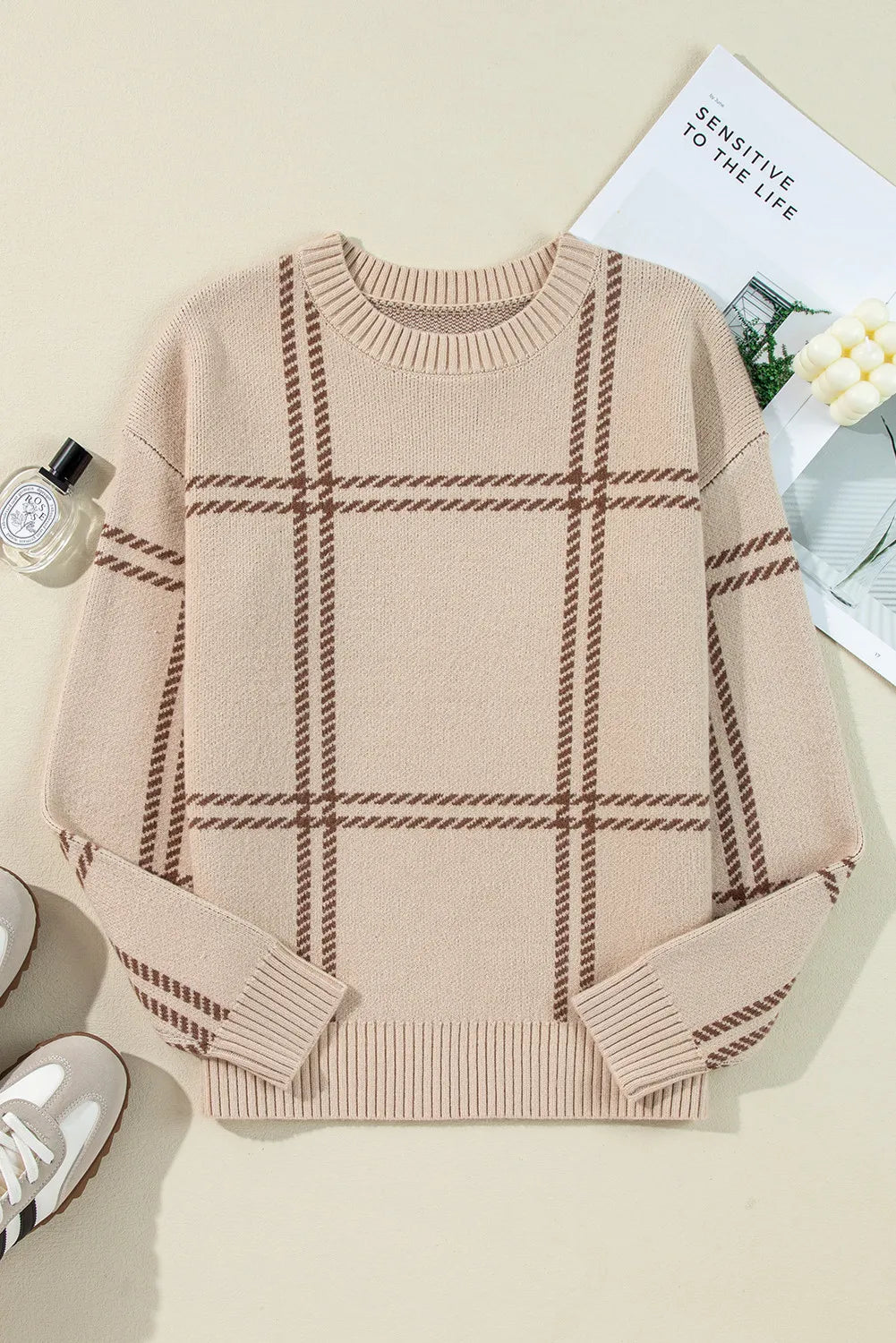 Plaid Round Neck Dropped Shoulder Sweater-TOPS / DRESSES-[Adult]-[Female]-2022 Online Blue Zone Planet