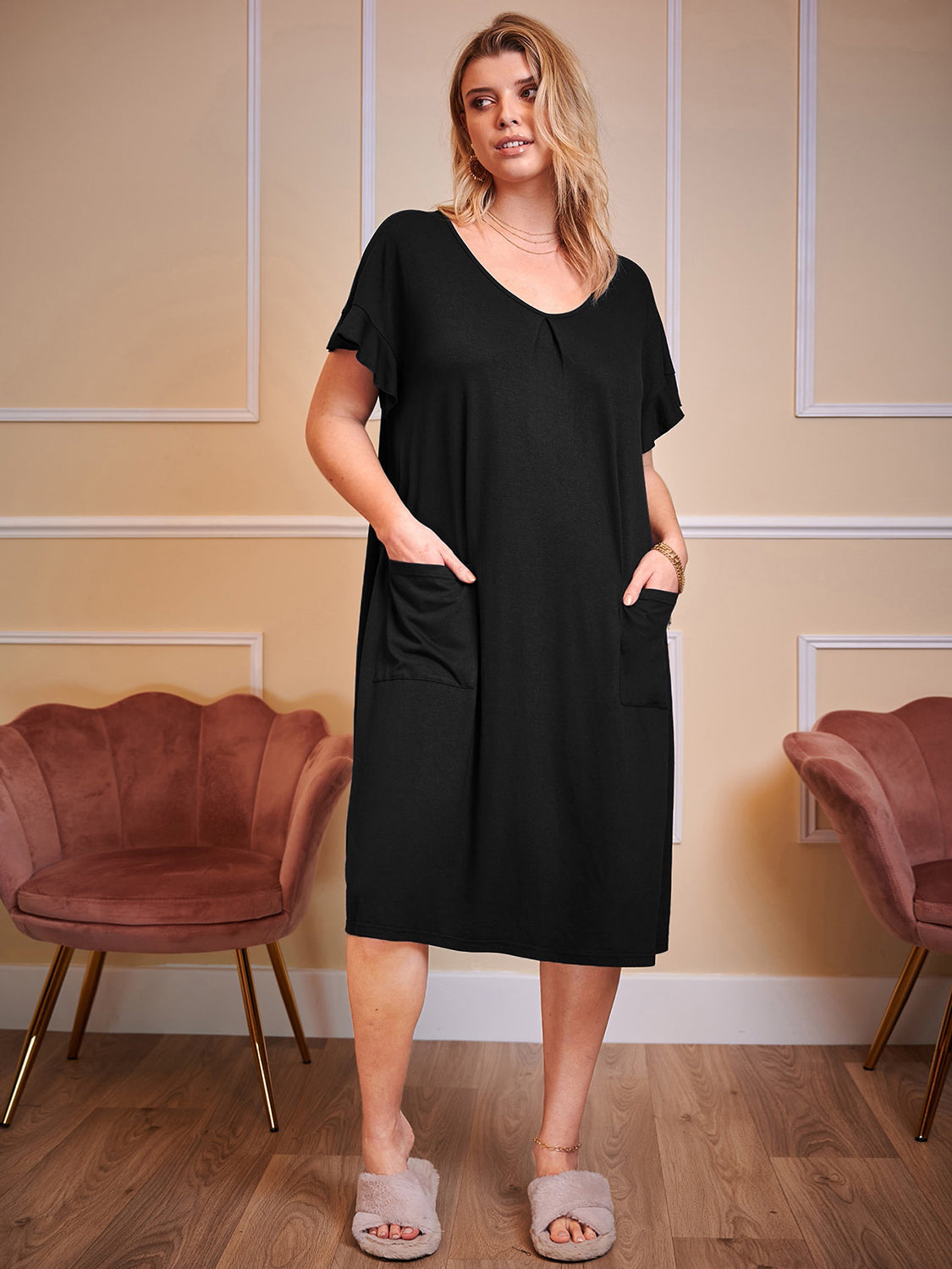 Plus Size Round Neck Short Sleeve Lounge Dress-TOPS / DRESSES-[Adult]-[Female]-Black-1XL-2022 Online Blue Zone Planet