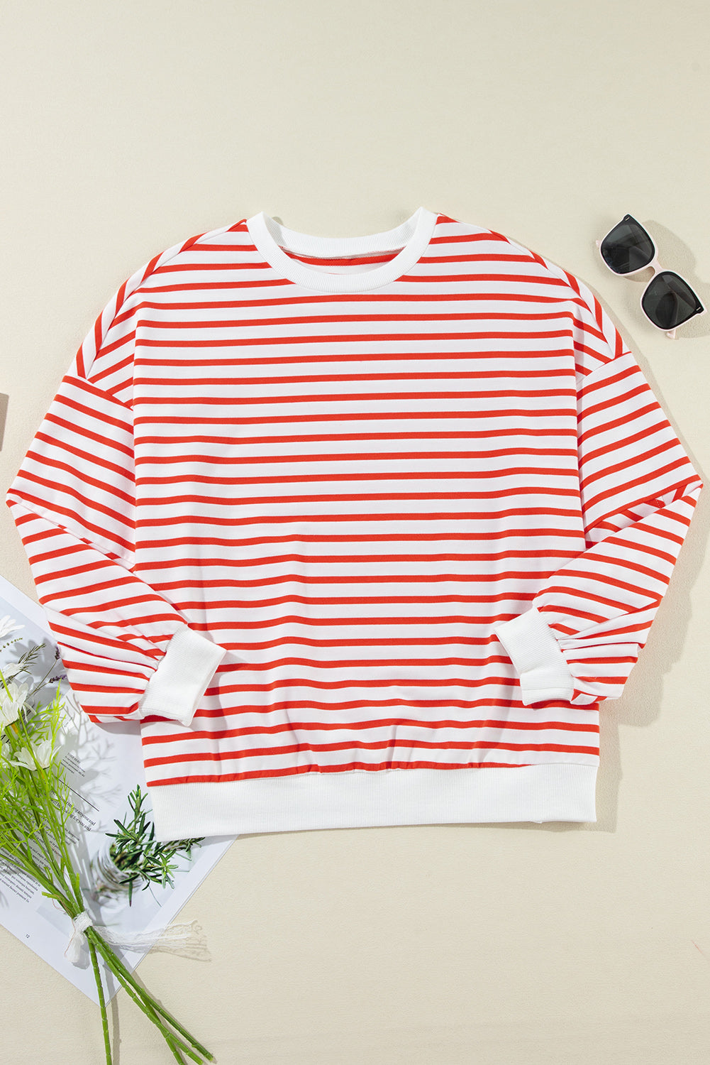 Orange Stripe Drop Shoulder Crew Neck Loose Sweatshirt-Tops/Sweatshirts & Hoodies-[Adult]-[Female]-2022 Online Blue Zone Planet