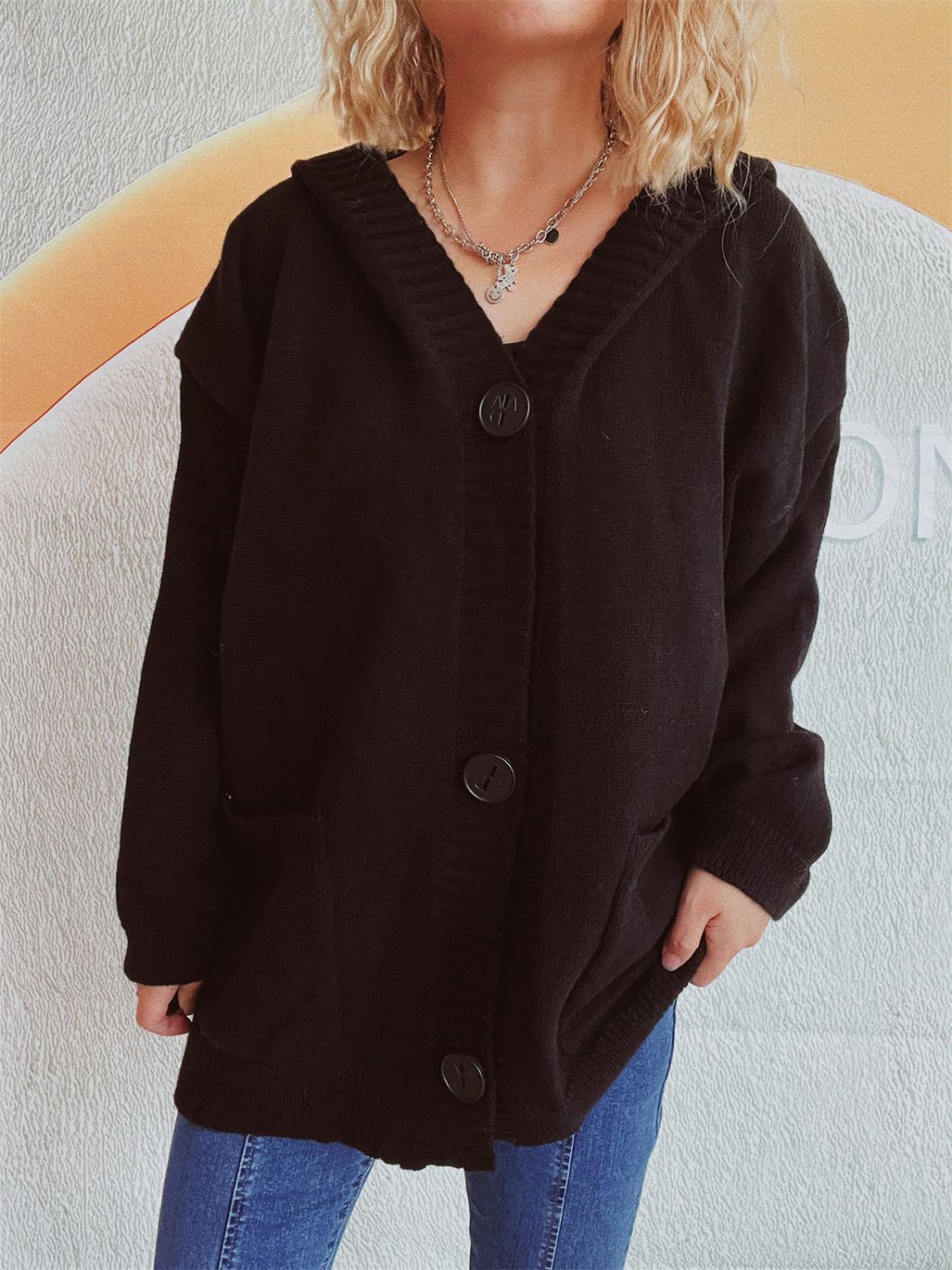 Dropped Shoulder Long Sleeve Hooded Cardigan-TOPS / DRESSES-[Adult]-[Female]-Black-One Size-2022 Online Blue Zone Planet