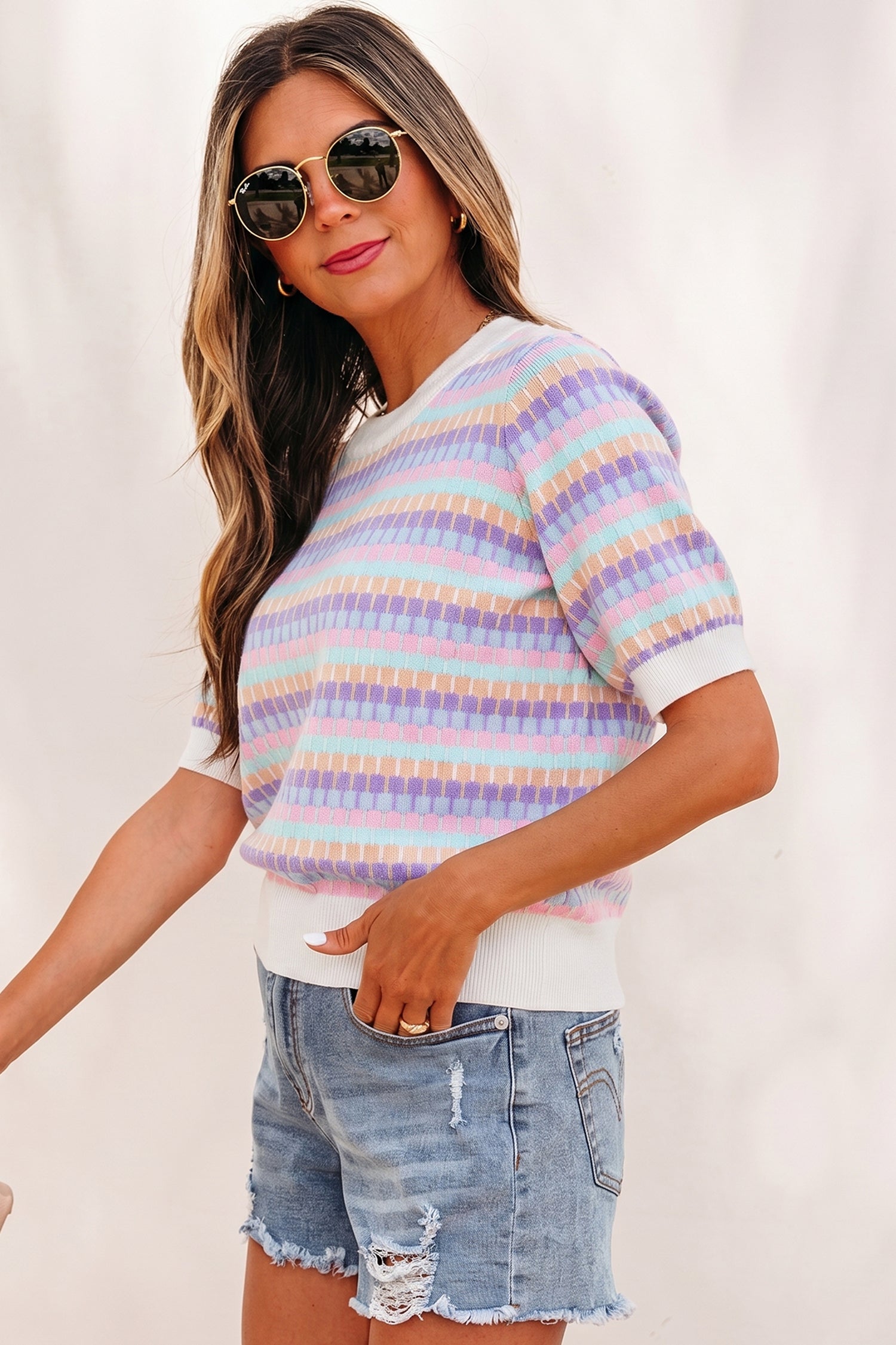 Orange Abstract Striped Knit Short Sleeve Sweater-Sweaters & Cardigans/Short Sleeve Sweaters-[Adult]-[Female]-2022 Online Blue Zone Planet