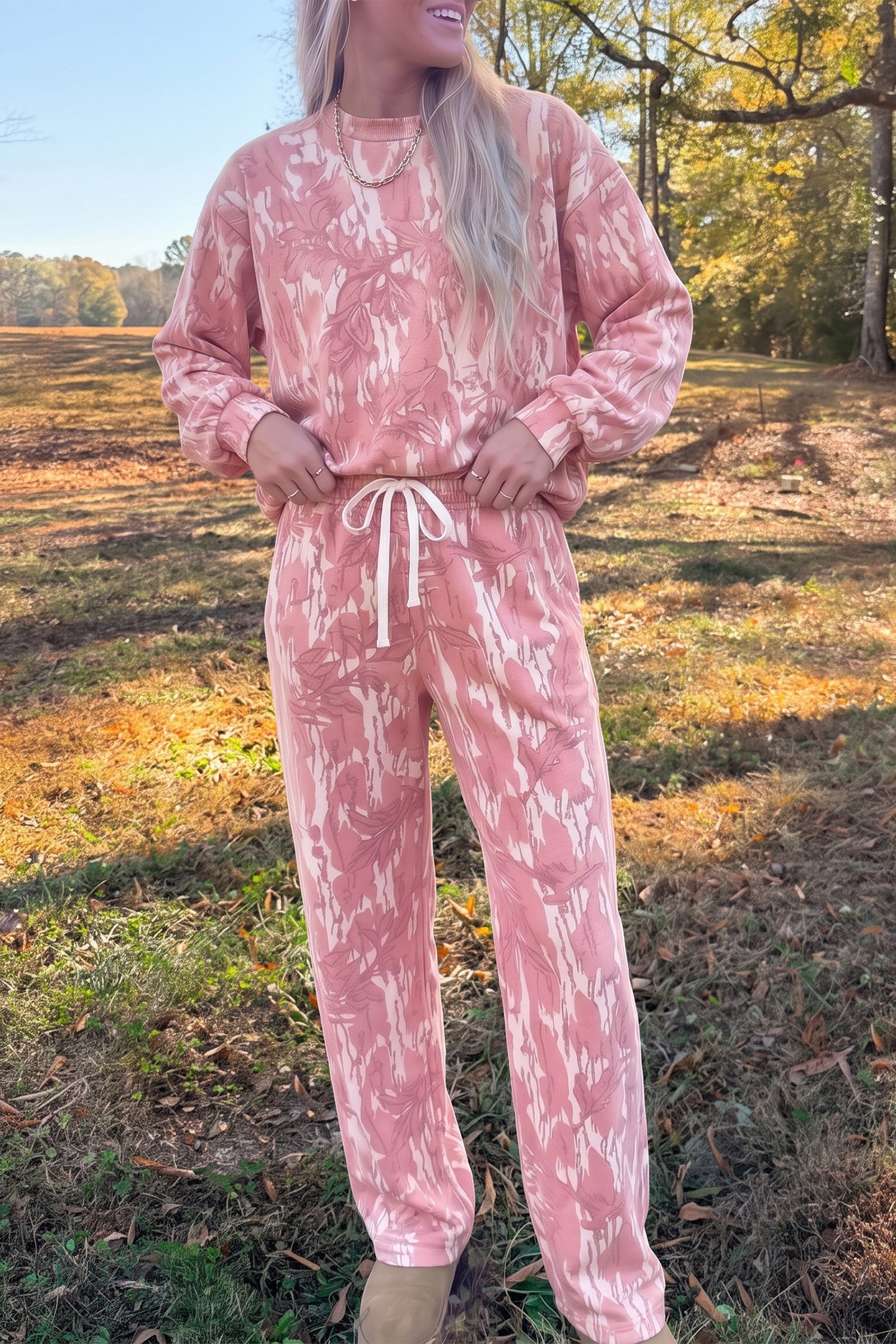 Pink Abstract Floral Print Loose Pullover Drawstring Pants 2pcs Set-Two Piece Sets/Pant Sets-[Adult]-[Female]-2022 Online Blue Zone Planet