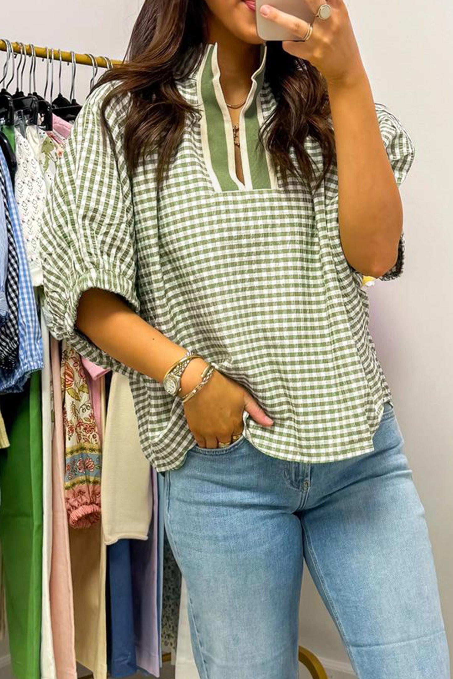 Red Plaid Short Sleeve Colorblock Trim Split Neck Blouse-Tops/Blouses & Shirts-[Adult]-[Female]-2022 Online Blue Zone Planet
