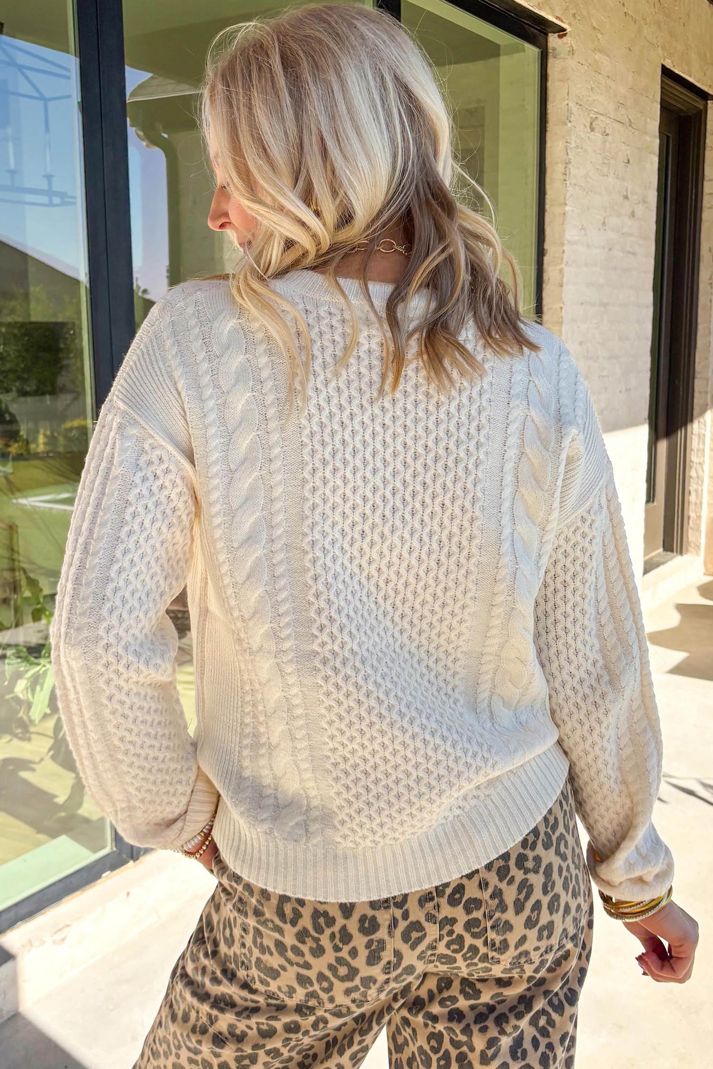 Beige Solid Color Cable Detail Knit Loose Round Neck Sweater-Sweaters & Cardigans/Sweaters-[Adult]-[Female]-2022 Online Blue Zone Planet