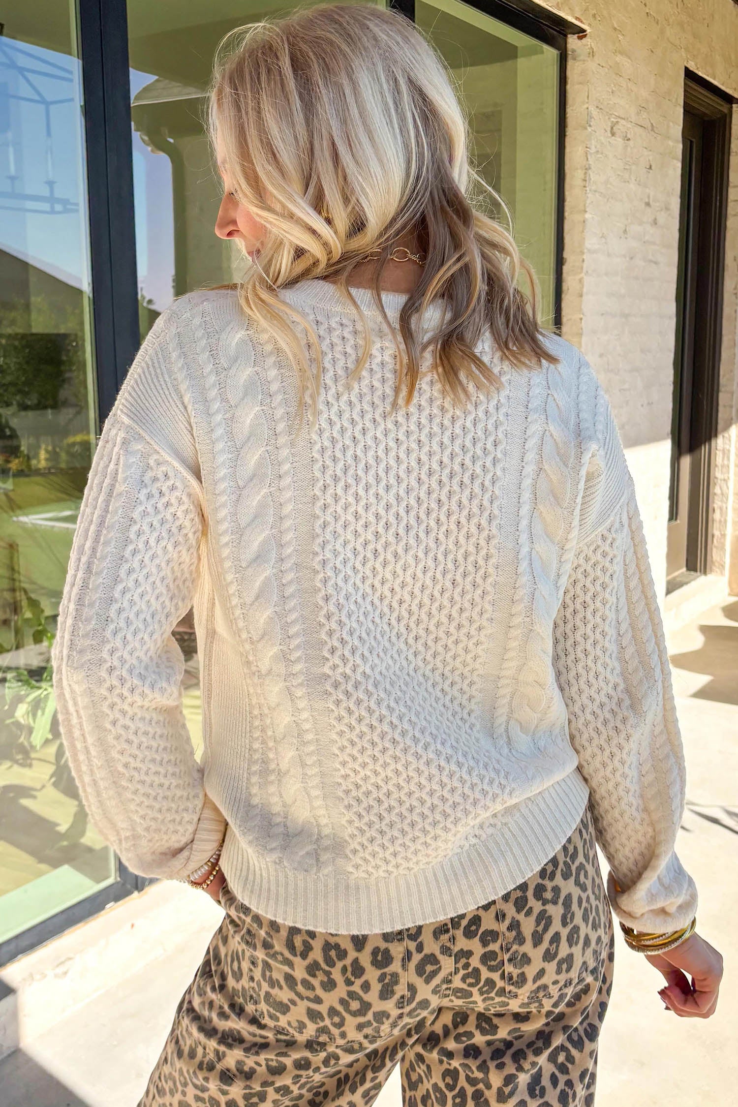Beige Solid Color Cable Detail Knit Loose Round Neck Sweater-Sweaters & Cardigans/Sweaters-[Adult]-[Female]-2022 Online Blue Zone Planet