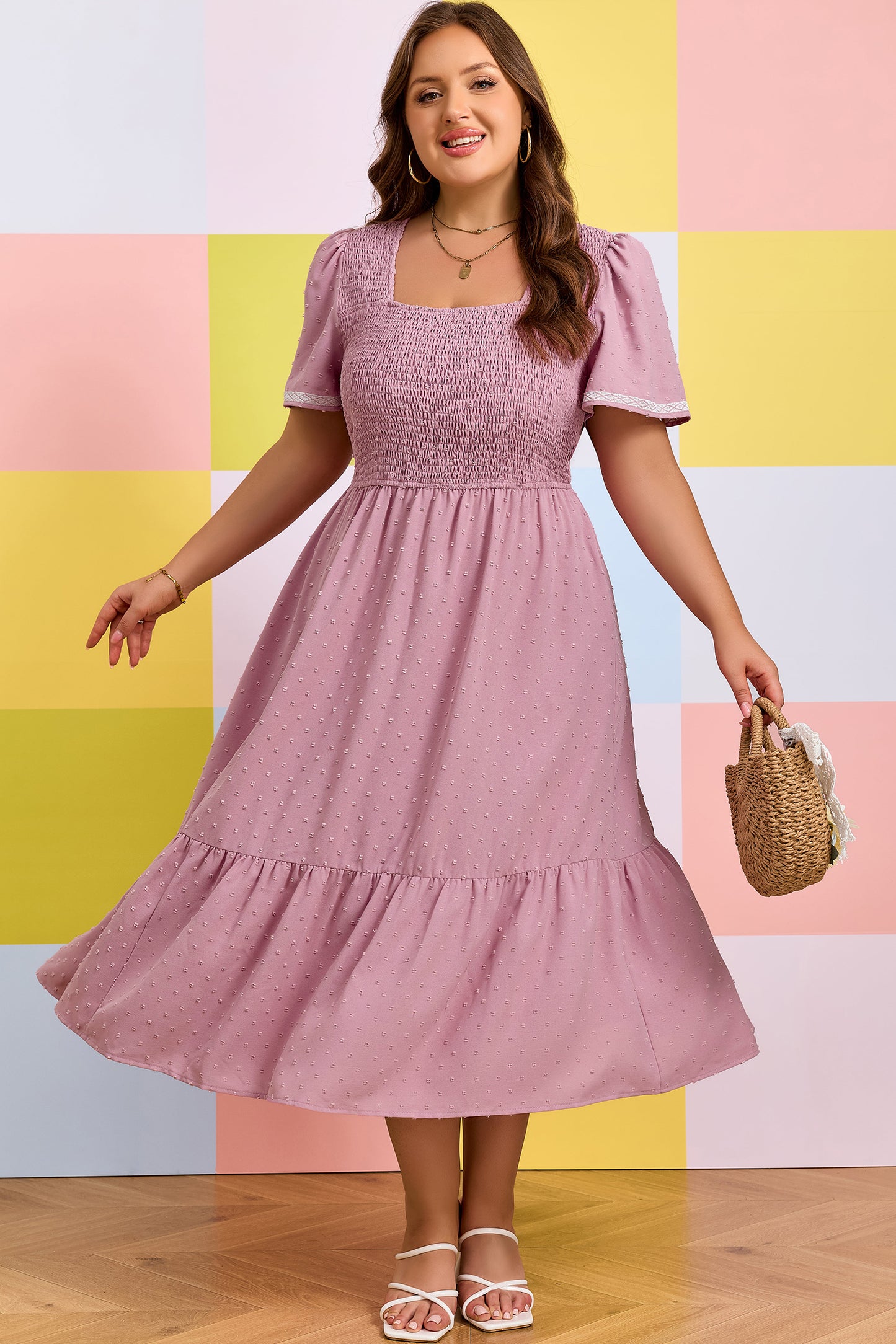 Pink Plus Size Swiss Dot Short Sleeve Smocked High Waist Flowy Midi Dress-TOPS / DRESSES-[Adult]-[Female]-2022 Online Blue Zone Planet