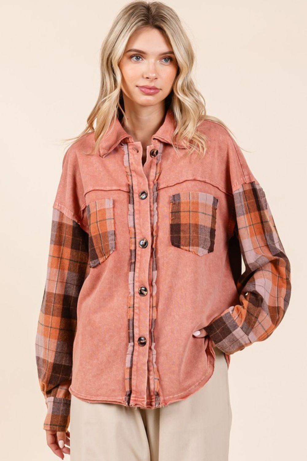 Mittoshop Button Down Contrast Plaid Patchwork Shacket-TOPS / DRESSES-[Adult]-[Female]-2022 Online Blue Zone Planet