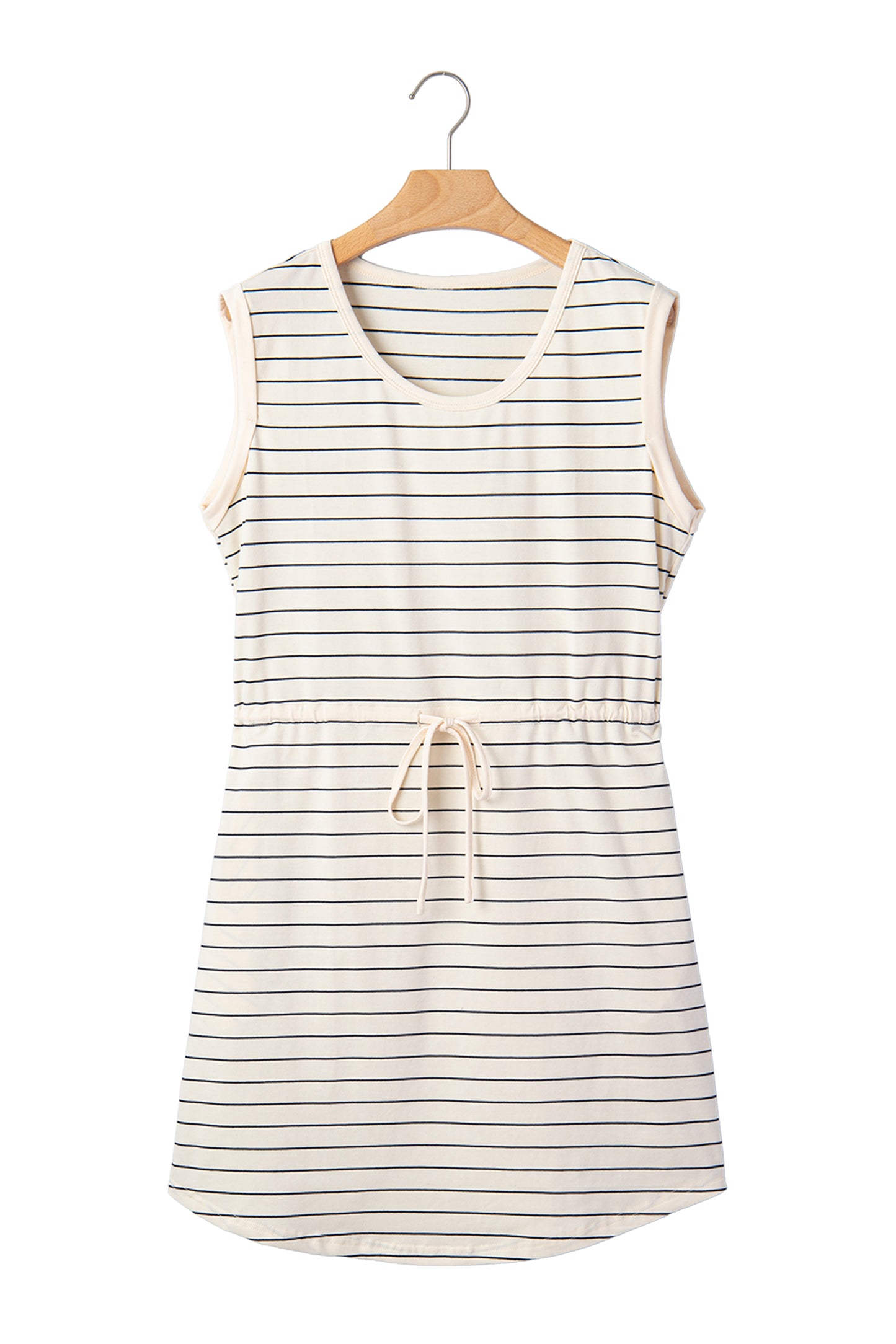 Beige Stripe Drawstring Tunic Tank Mini Dress with Pockets-TOPS / DRESSES-[Adult]-[Female]-2022 Online Blue Zone Planet