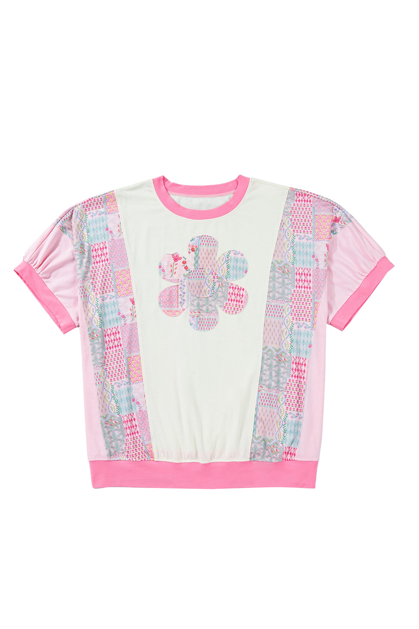 Beige Plus Size Floral Patchwork Short Sleeve Patch Embroidery Cotton T Shirt-Plus Size/Plus Size Tops/Plus Size Tops & Tees-[Adult]-[Female]-2022 Online Blue Zone Planet