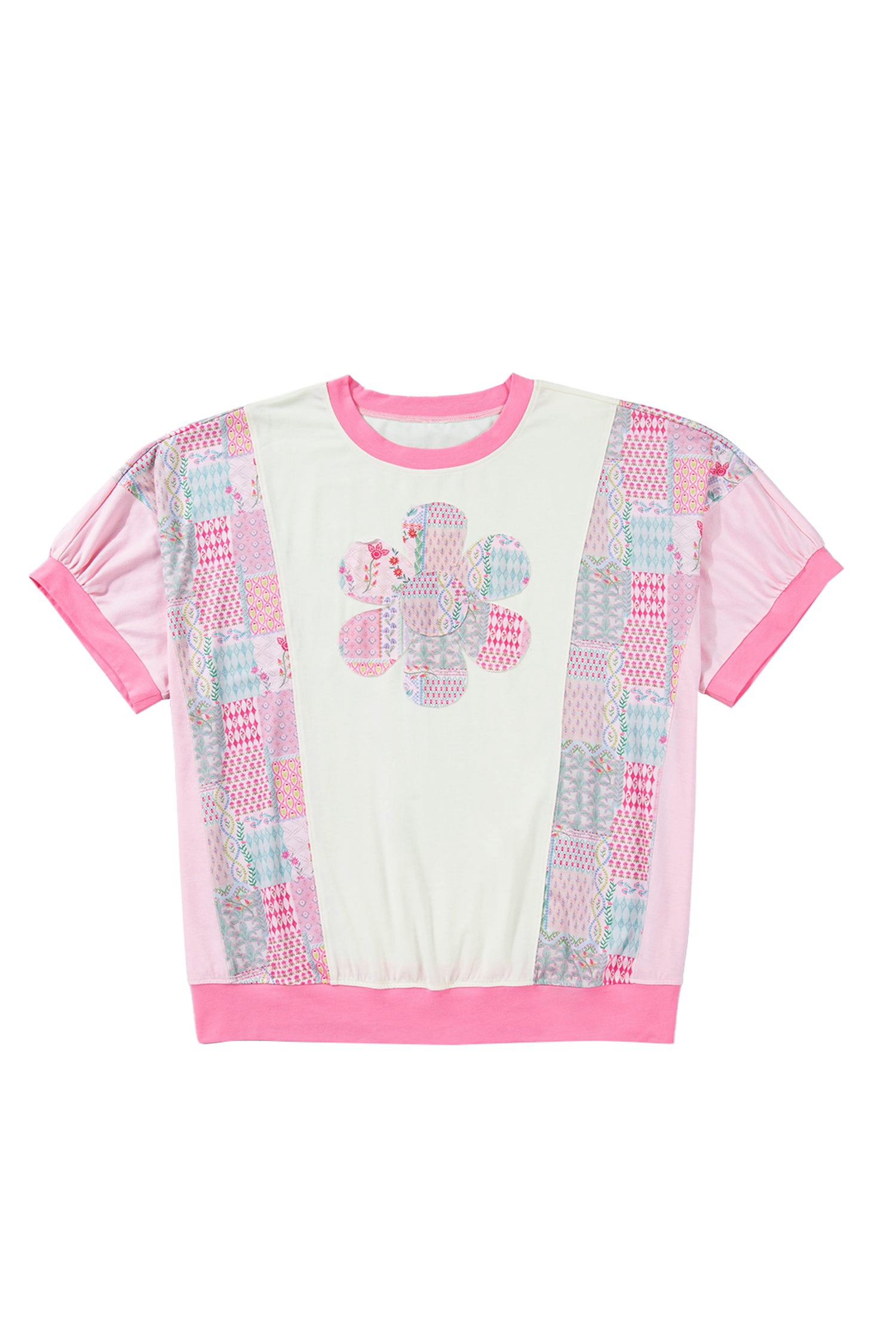 Beige Plus Size Floral Patchwork Short Sleeve Patch Embroidery Cotton T Shirt-Plus Size/Plus Size Tops/Plus Size Tops & Tees-[Adult]-[Female]-2022 Online Blue Zone Planet