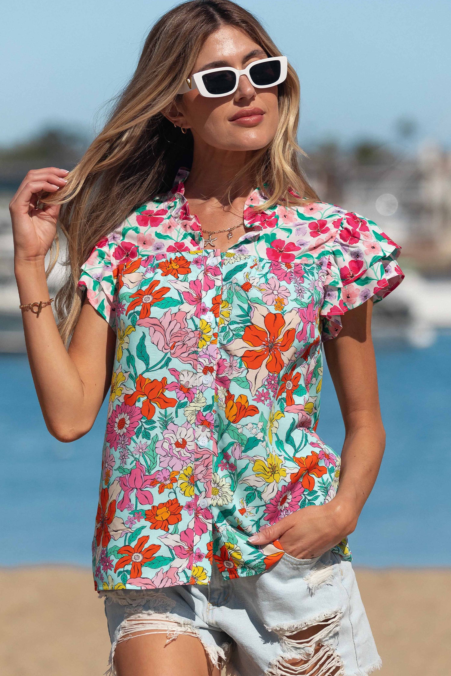 Sky Blue Floral Print Split Neck Button Front Flutter Sleeve Blouse-Tops/Blouses & Shirts-[Adult]-[Female]-2022 Online Blue Zone Planet
