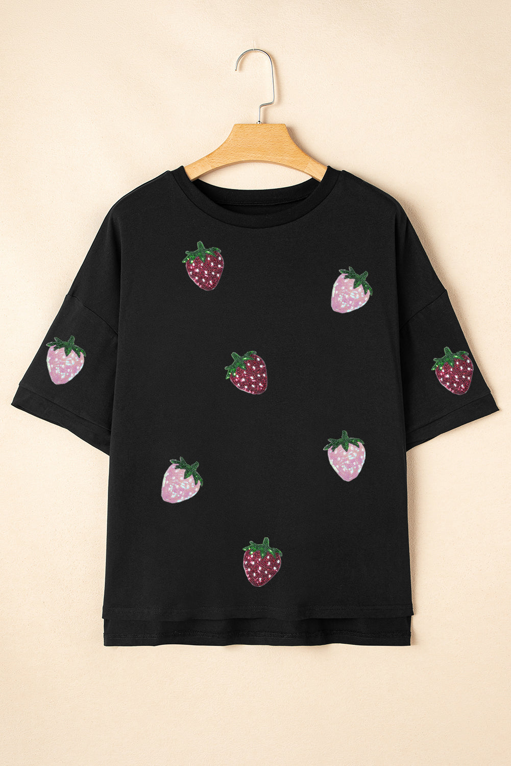 Black Sequin Strawberry Graphic High Low Relaxed Fit Tee-Graphic/Graphic Tees-[Adult]-[Female]-2022 Online Blue Zone Planet