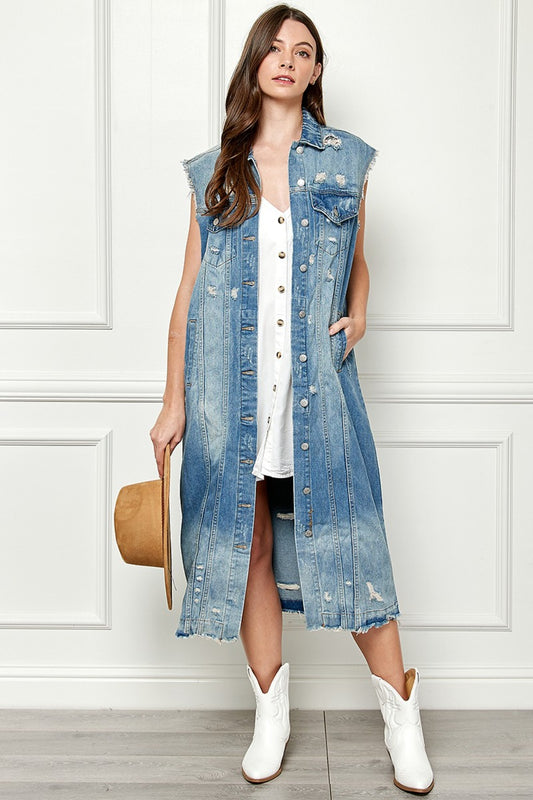 Veveret Full Size Distressed Sleeveless Longline Denim Jacket-TOPS / DRESSES-[Adult]-[Female]-MEDWASH-S-2022 Online Blue Zone Planet